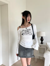 ポッピングアンカットオフショルダーストラップバックスリット長袖Tシャツ