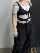 レイヤードストラップホールリボントップ / Layered Strap Hole Ribbon Top
