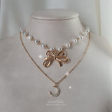 Princess Bow and Moon Layered Necklace - Gold Color