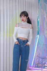 ジッパーショルダーメッシュクロップTシャツ/TOP(8304) Zipper Shoulder Mesh Crop Tee