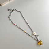 ハートフラワービーズヒップメイドネックレス / ely Yellow Orange Heart Flower Beads Hip Handmade Necklace