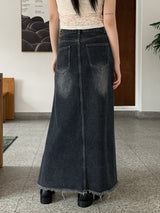 マーブルボタンポケットAラインロングデニムスカート/Muffled button pocket A-line long denim skirt