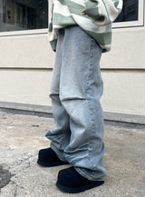 crack light blue washing dart wide denim pants