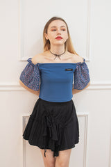 chiffon shirring t-shirt blue