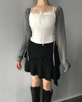 ロマンティックフリルリボンシャーリングスリーブレス