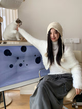 Angora hood knit zip-up