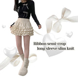 Kanu Ribbon V-Neck Semi-Crop Long-Sleeved Slim Knitwear (4 colors)
