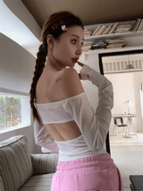 リボンオフショルダーバックレス長袖Tシャツ