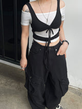 レイヤードストラップホールリボントップ / Layered Strap Hole Ribbon Top