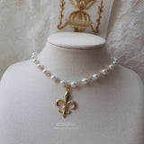 Fleur De Lis Pearl Choker Necklace  - Gold
