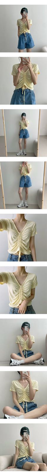 ロールノーズリングプリーツシャーリング半袖Tシャツ / Roll nose ring pleated shirring short sleeve T-shirt