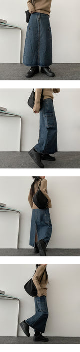 Lanca Back Slit Cargo Denim Long Skirt