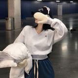 【Belied madeウール起毛バージョン】リボン無地Vネック起毛クロップドスウェットシャツ