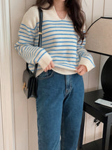 シンプル襟付きストライプニット(3color) (6682183827574)