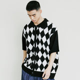 チェッカーボードカラーニットカーディガン / CHECKER BOARD COLLAR KNIT CARDIGAN BLACK