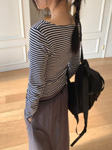 TL Striped Deep U-Neck Long Sleeve T-Shirt
