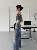 メタストライプグラデーションオフショルダークロップド半袖ニット / Meta Striped Gradation Off-Shoulder Cropped Short-Sleeved Knit