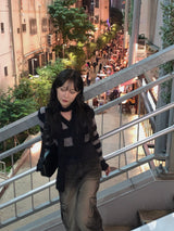 Crop stripe muffler knit set