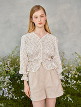 レースボタンパフブラウス / Lace Button Puff Blouse (2colors)