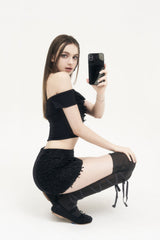 フラップメッシュリボンスカート / [Seow] Flap mesh ribbon sk, black