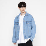 [UNISEX] Elbow Drawing Smile White Clip Jean Jacket_Black (6697575252086)
