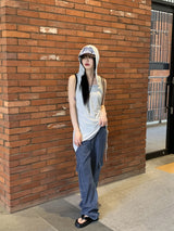 スクエアサイドストリングロングフードノースリーブシャツ / square side string long hooded sleeveless shirt