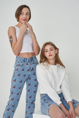 ストレートフィットチェリー刺繡クロップドデニムパンツ/ STRAIGHT FIT CHERRY EMBROIDERY CROPPED DENIM PANTS [6811]