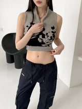 イアンヒッププリントクロップニットハーフジップアップベスト / Ian Hip Printing Crop Knit Half Zip-up Sleeveless Shirt