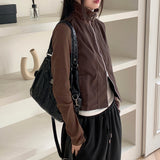 Tatter ribbed coloring belt two-way crop zip-up jacket