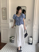 リボンシャーリングパフフレアクロップデニム半袖ブラウス