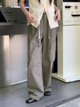 リウーストリングビッグポケットコットンロングワイドパンツ / Riwoo  String Big Pocket Cotton Long Wide Pants