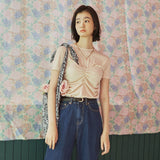 シャーリング トップ レイヤード Tシャツ / [LINE] Shirring Top Layered T-Shirt (Beige)