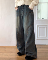 Pector Western Stud Embroidery Washed Long Wide Denim Pants