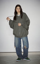  BLUR HEART LOOSE HOODIE ZIP UP_KHAKI