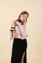 Strap Off Shoulder Warmer T-shirt Pink