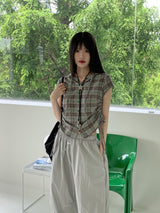 テユストリングシャーリングリネンチェックフードシャツカミス / Teyu String Shirring Linen Check Hooded Shirt Camis