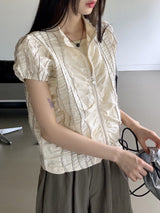 シャーリングパフ半袖ジップアップジャケット /Stella coloring shirring puff short-sleeve zip-up jacket