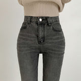 One-Button Whisker Washed Jeans