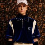 レザートリムベロアジップアップポロシャツ/[UNISEX] Leather-Trimmed Velour Zip Polo (Blue)