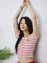ボタンディティールストライプニットクロップトップス/BUTTON DETAIL STRIPED KNIT CROP TOP RED (6586890911862)