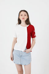 スリットリボンハーフスリーブTシャツ / Slit Ribbon Half-Sleeve T-shirt Red