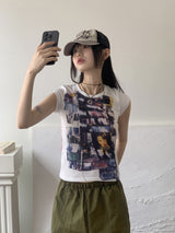 印刷スリーブレス /Otical Funky Double-Sided Printing Cap Sleeveless Cropped Sleeveless Short-Sleeved T-Shirt