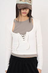 Waffle string scoop-neck long sleeve