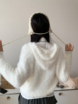 Angora hood knit zip-up