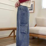 Turbin strap cargo pocket washing denim long wide pants