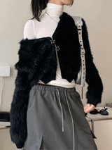 Angora hood knit zip-up