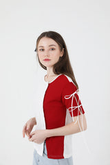 スリットリボンハーフスリーブTシャツ / Slit Ribbon Half-Sleeve T-shirt Red
