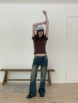 インフィレトロウォッシュインシジョンヒッププリントブーツカットデニムパンツ/Infi Retro Washing Incision Hip Printing Bootcut Denim Pants