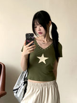 ヒッシャーY2Kスターアイレットフード半袖Tシャツ / Hisher Y2K Star Eyelet Hooded Short Sleeve T-shirt
