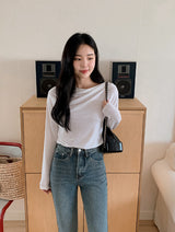 Drape Off Shoulder Long Sleeve T-shirt (5color)